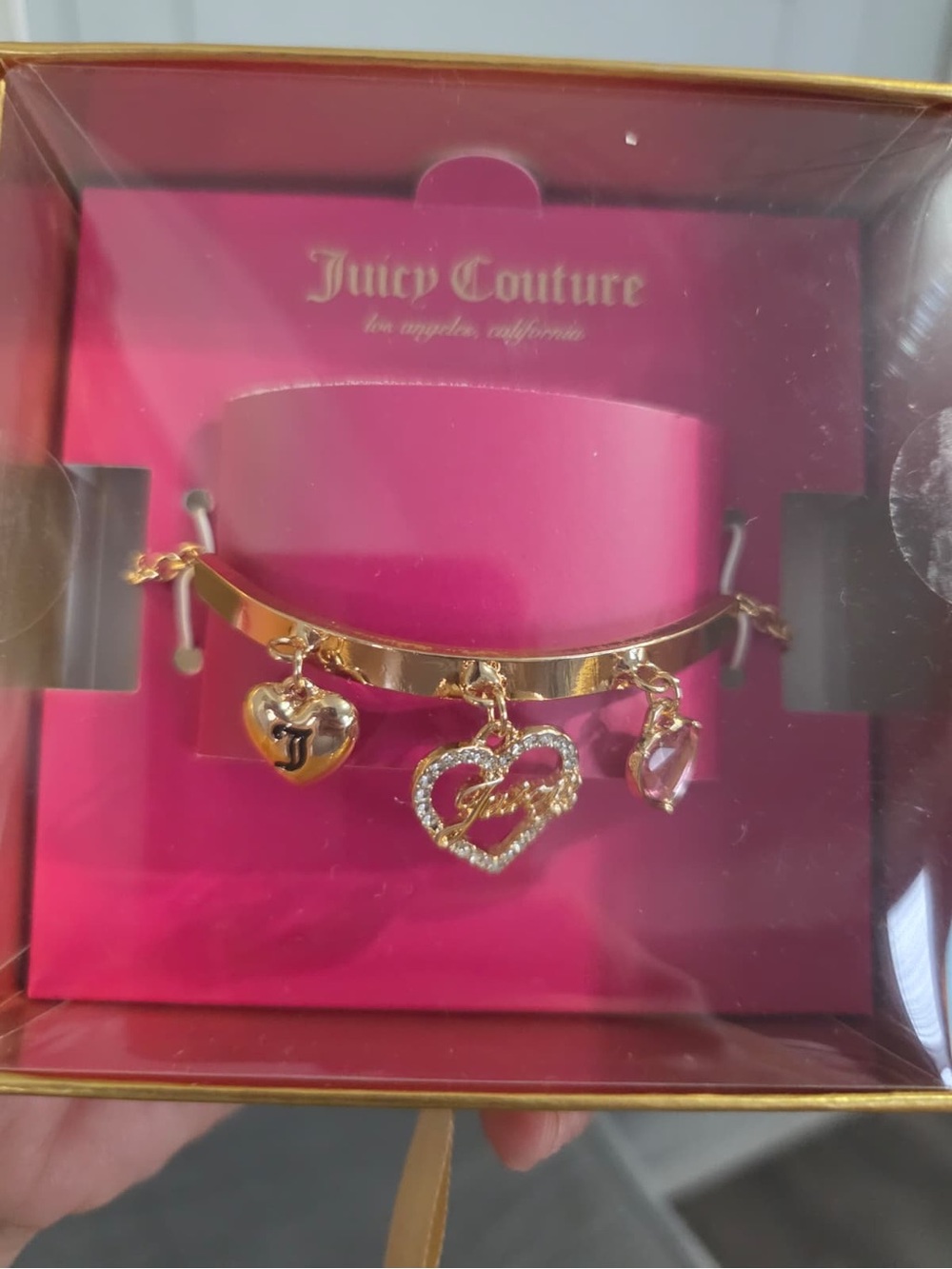 Juicy Couture Gold Tone Heart Charm Bangle with Pink Accents